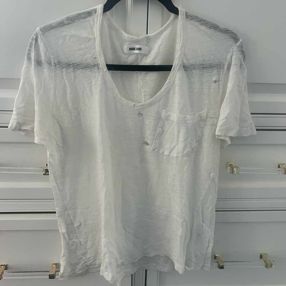 Anine Bing white v-neck || cotton linen blend top distressed